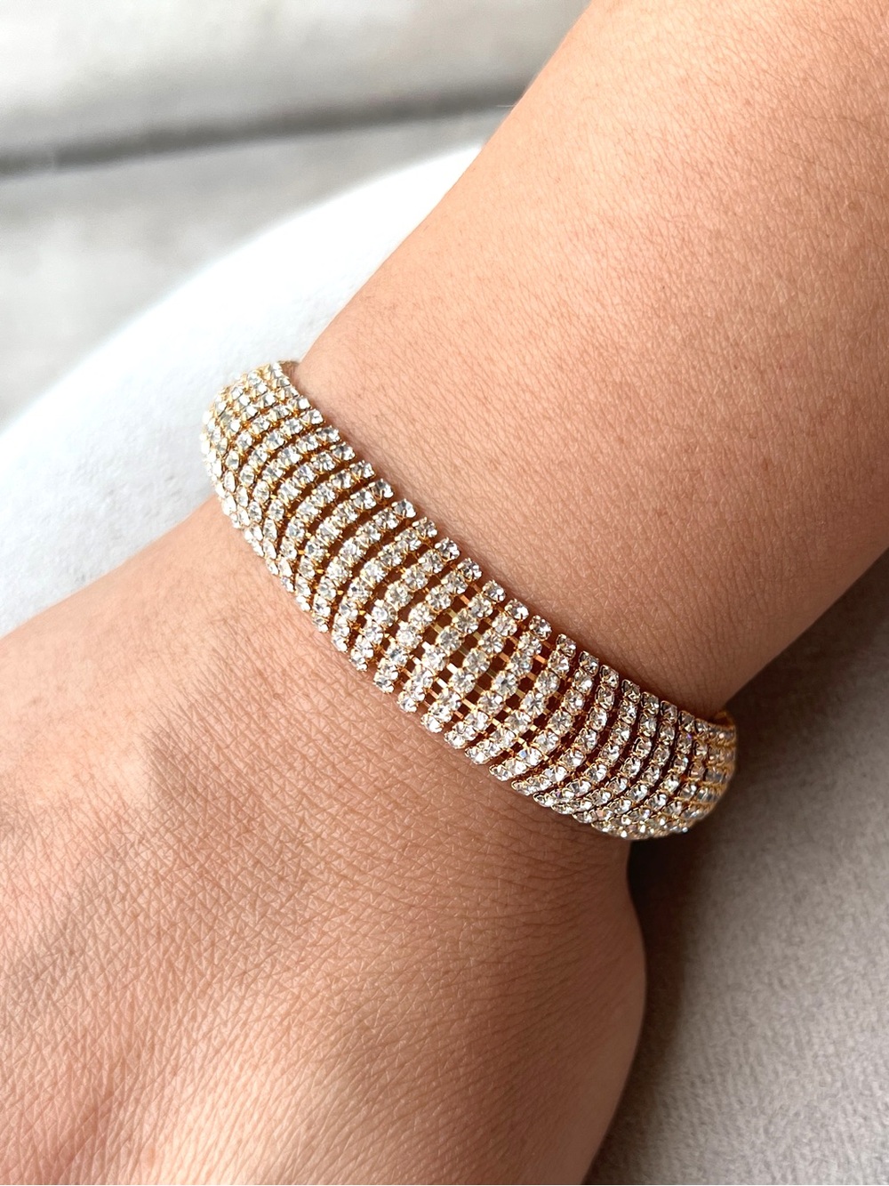 Gold Tone Curved Crystal Mesh Bracelet